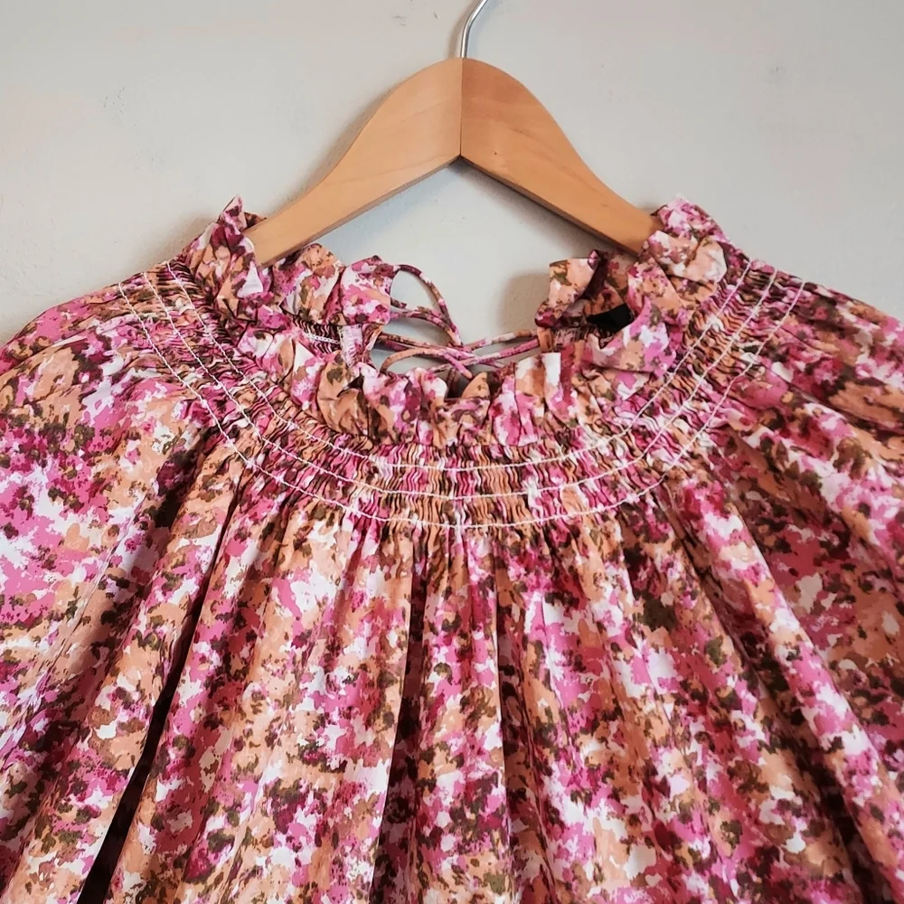J. Crew Medium Smocked Floral Short Puff Sleeve Pink Floral Blouse Tie Back